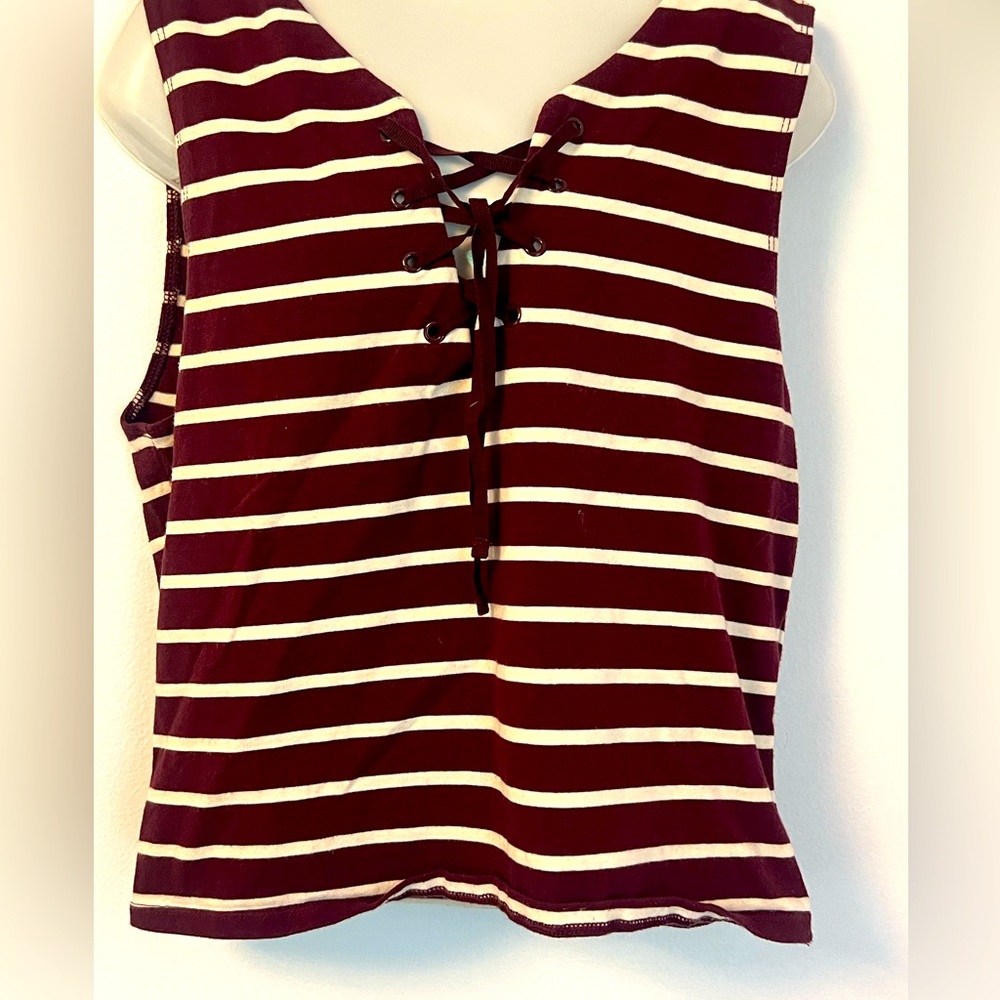 Striped Lace-Up Sleeveless Top - Burgundy and White